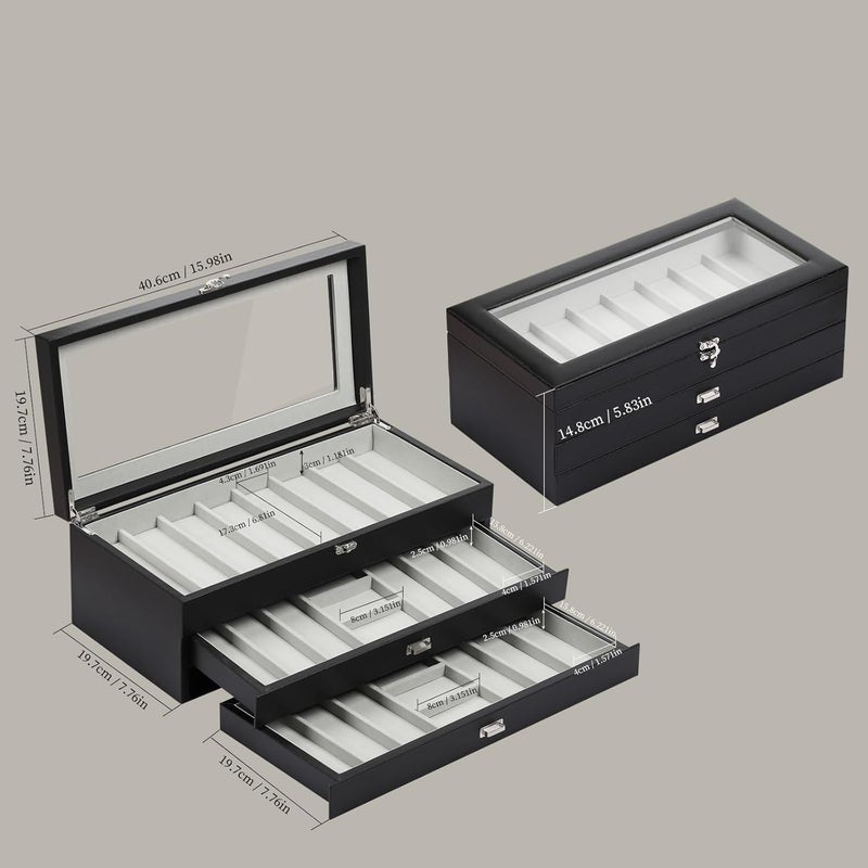 AUTOARK 3-Tier PU Leather & Velvet Knife Organizer with 26 Slots,Transparent Glass Top & Drawer,Compact Storage for Pocket Knives,Ideal for Men's Collections & Gifts,Black,MKAW016 - Image 2